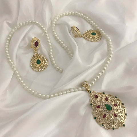 Moroccan water-drop golden color pendent caftan pearl long chain Necklace earring and necklace