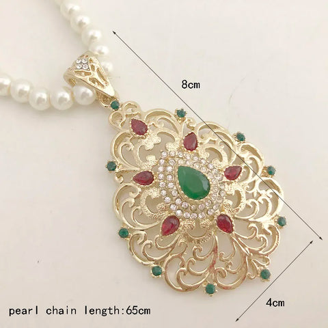 Moroccan water-drop golden color pendent caftan pearl long chain Necklace earring and necklace