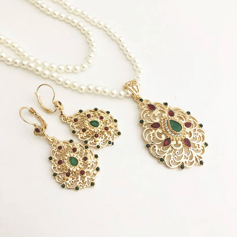 Moroccan water-drop golden color pendent caftan pearl long chain Necklace earring and necklace