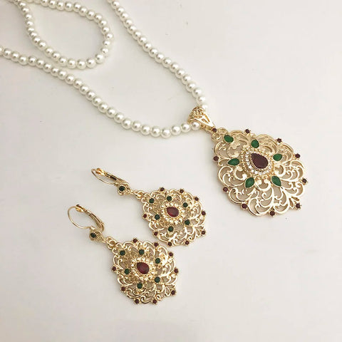 Moroccan water-drop golden color pendent caftan pearl long chain Necklace earring and necklace