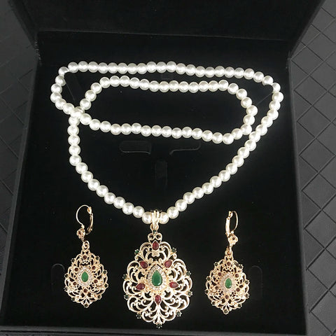 Moroccan water-drop golden color pendent caftan pearl long chain Necklace earring and necklace