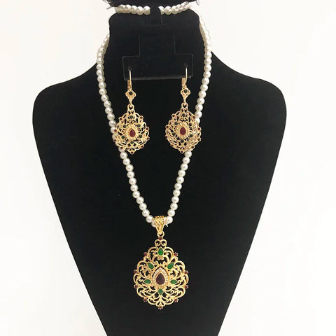 Moroccan water-drop golden color pendent caftan pearl long chain Necklace earring and necklace