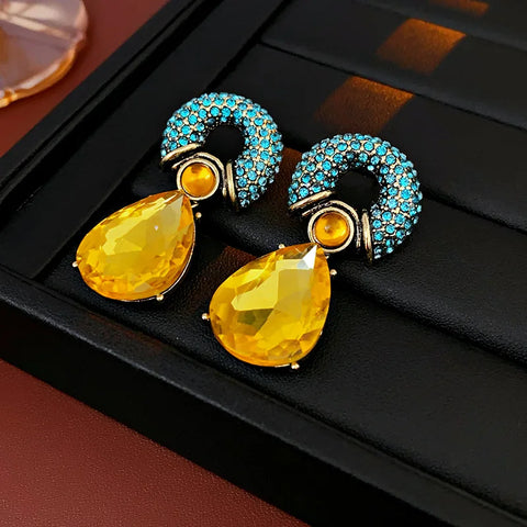 Rhinestone Circle Water Drop Metal Vintage Dangle Earrings