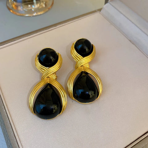 Rhinestone Circle Water Drop Metal Vintage Dangle Earrings