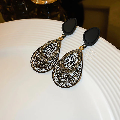 Rhinestone Circle Water Drop Metal Vintage Dangle Earrings