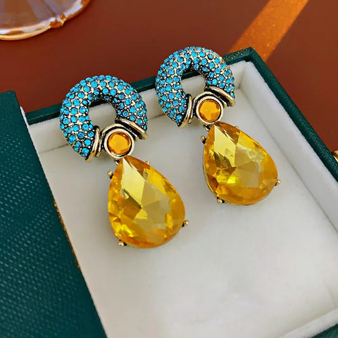 Rhinestone Circle Water Drop Metal Vintage Dangle Earrings