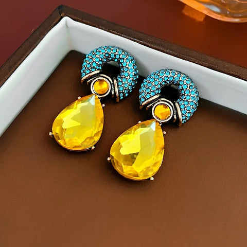 Rhinestone Circle Water Drop Metal Vintage Dangle Earrings