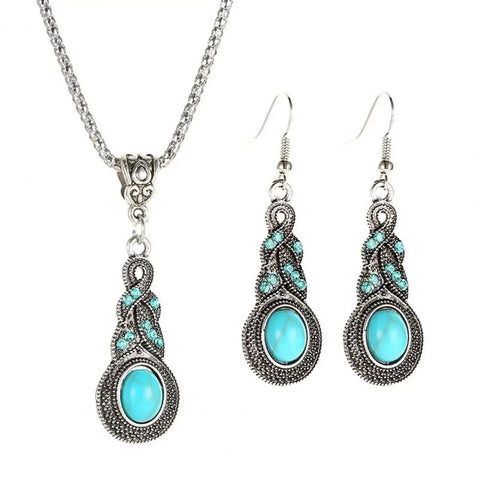 1 Set Women Necklace Earrings Faux Turquoise Vintage Jewelry - EveryWares