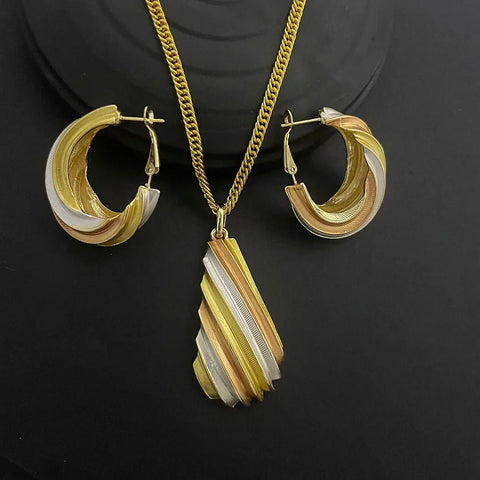 24K Gold - plated Two Piece Copper Jewelry Set India Dubai Jewelry Gold Warped Geometry Necklace Earrings - EveryWares