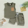 2Pcs Baby Boy Summer Outfits Clothing Set Cotton Casual Sleeveless Pocket Tank Tops+Striped Pocket Shorts Set - EveryWares