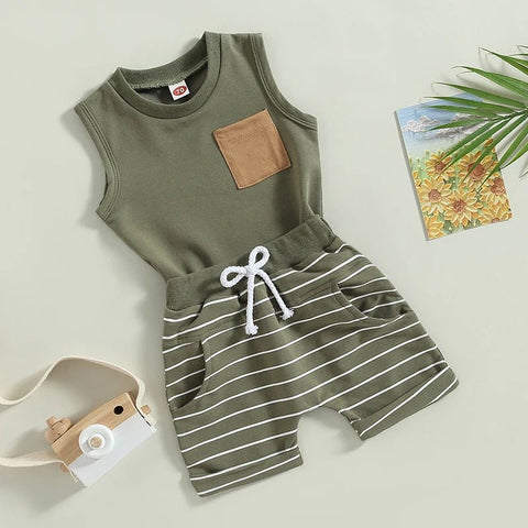 2Pcs Baby Boy Summer Outfits Clothing Set Cotton Casual Sleeveless Pocket Tank Tops+Striped Pocket Shorts Set - EveryWares