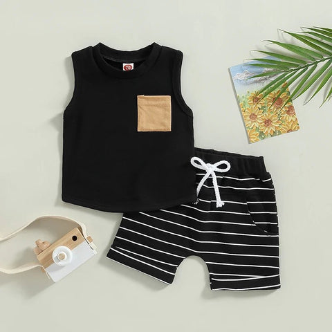 2Pcs Baby Boy Summer Outfits Clothing Set Cotton Casual Sleeveless Pocket Tank Tops+Striped Pocket Shorts Set - EveryWares