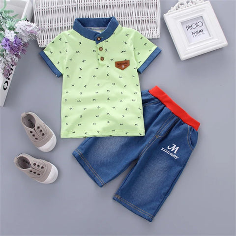 2PCS Baby Set Fashion All over Print Letter M Pattern Short Sleeve Denim Shorts Set - EveryWares