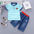 2PCS Baby Set Fashion All over Print Letter M Pattern Short Sleeve Denim Shorts Set - EveryWares