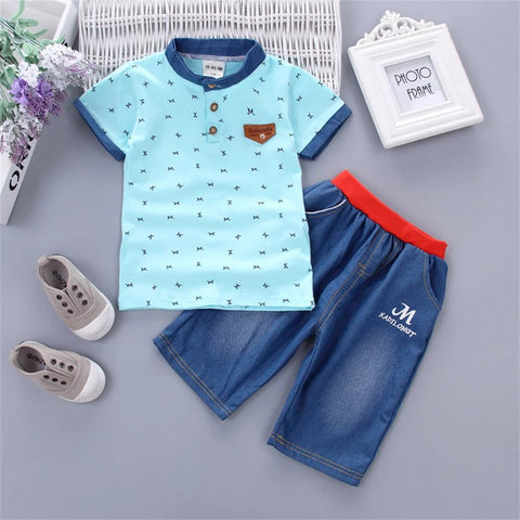 2PCS Baby Set Fashion All over Print Letter M Pattern Short Sleeve Denim Shorts Set - EveryWares