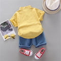 2PCS Baby Set Fashion Small Animal Letter Printing Pattern Standing Neck Short Sleeve Denim Shorts Set - EveryWares