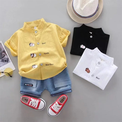 2PCS Baby Set Fashion Small Animal Letter Printing Pattern Standing Neck Short Sleeve Denim Shorts Set - EveryWares