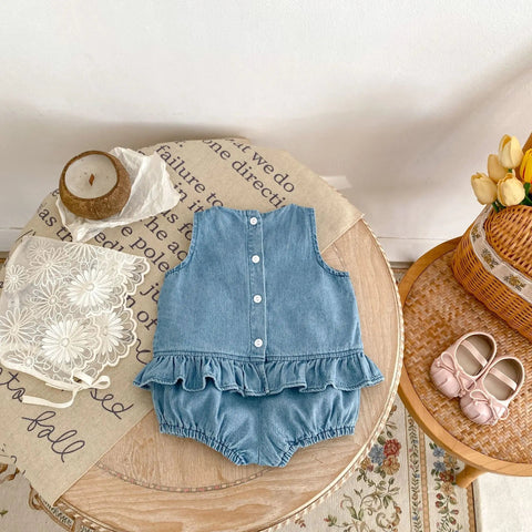 2PCS Clothes Set Denim Sleeveless Ruffle - EveryWares