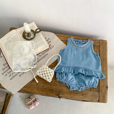 2PCS Clothes Set Denim Sleeveless Ruffle - EveryWares