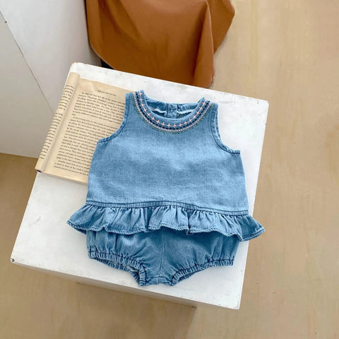 2PCS Clothes Set Denim Sleeveless Ruffle - EveryWares