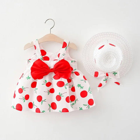 2Pcs Sets Toddler Girl Clothes Korean Fashion Flowers Cute Bow Sleeveless Princess Baby Dresses + Sunhat Kids - EveryWares