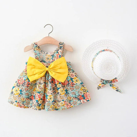 2Pcs Sets Toddler Girl Clothes Korean Fashion Flowers Cute Bow Sleeveless Princess Baby Dresses + Sunhat Kids - EveryWares