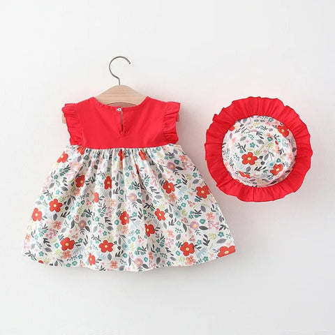 2Piece Set Toddler Dresses For Girls Korean Fashion Flowers Sleeveless Princess Dress +Hat Baby Clothes - EveryWares