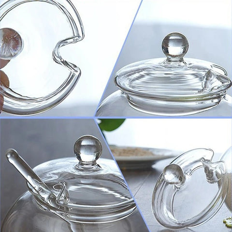 2X Glass Jar Sugar Bowl With Lid Spoon Transparent Kitchen Storage - EveryWares