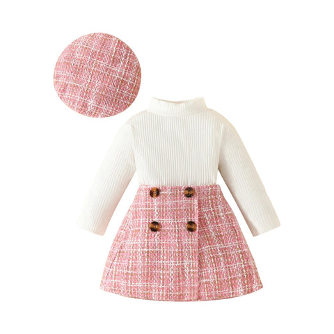 3 - PCS Set Consisting of Plaid Skirt, Long - Sleeved Sweater and Beret - EveryWares