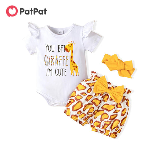 3pcs Baby Girl 95% Cotton Ruffle Short - sleeve Cartoon Print Romper and Bowknot Shorts with Headband Set - EveryWares