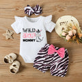 3pcs Baby Girl 95% Cotton Ruffle Short - sleeve Cartoon Print Romper and Bowknot Shorts with Headband Set - EveryWares