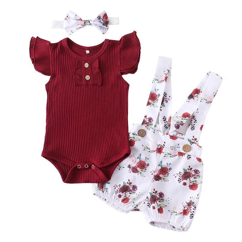 3Pcs Baby Girl Summer Clothes Set Fashion Newborn Infant Knitting Cotton Ruffles Romper Shorts Bow Headband - EveryWares