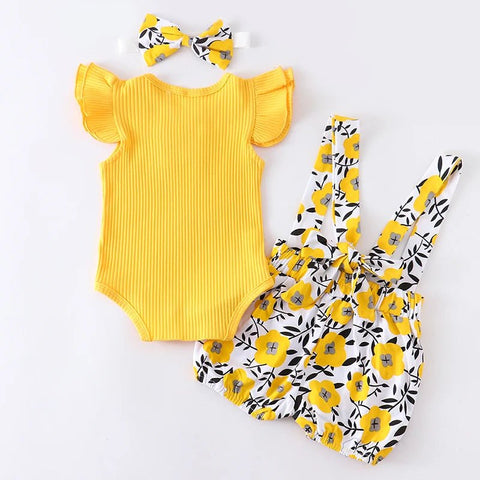 3Pcs Baby Girl Summer Clothes Set Fashion Newborn Infant Knitting Cotton Ruffles Romper Shorts Bow Headband - EveryWares