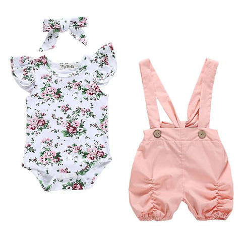 3Pcs Baby Girl Summer Clothes Set Fashion Newborn Infant Knitting Cotton Ruffles Romper Shorts Bow Headband - EveryWares