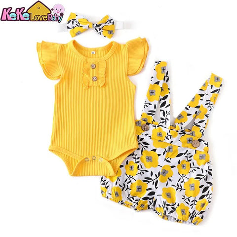 3Pcs Baby Girl Summer Clothes Set Fashion Newborn Infant Knitting Cotton Ruffles Romper Shorts Bow Headband - EveryWares