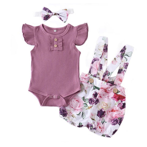 3Pcs Baby Girl Summer Clothes Set Fashion Newborn Infant Knitting Cotton Ruffles Romper Shorts Bow Headband - EveryWares