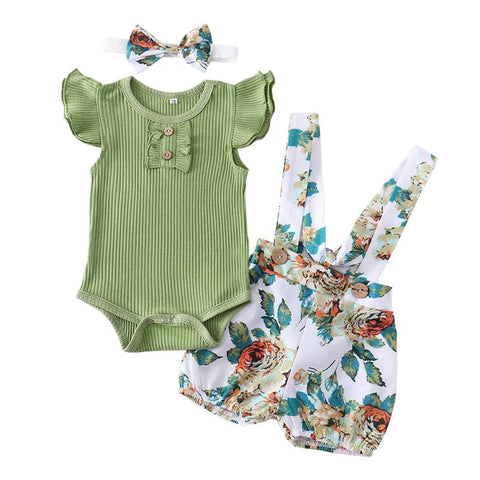 3Pcs Baby Girl Summer Clothes Set Fashion Newborn Infant Knitting Cotton Ruffles Romper Shorts Bow Headband - EveryWares