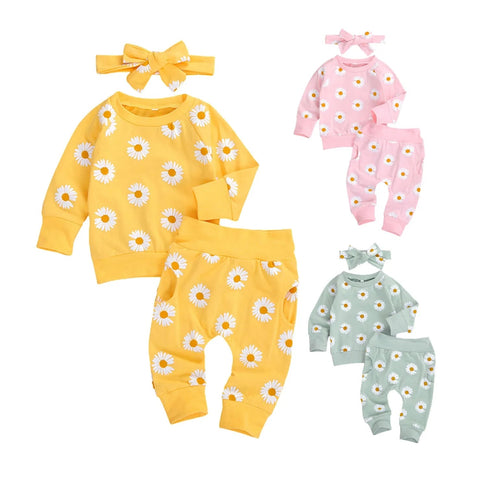 3Pcs Set Long Sleeve Lovely Print Top+ Long Pants+ Headband Toddler Outfits - EveryWares