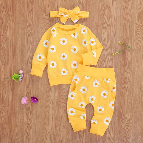 3Pcs Set Long Sleeve Lovely Print Top+ Long Pants+ Headband Toddler Outfits - EveryWares