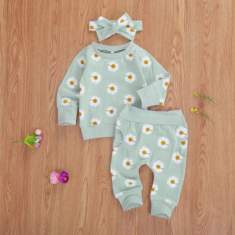 3Pcs Set Long Sleeve Lovely Print Top+ Long Pants+ Headband Toddler Outfits - EveryWares