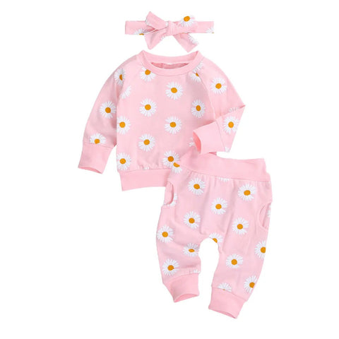 3Pcs Set Long Sleeve Lovely Print Top+ Long Pants+ Headband Toddler Outfits - EveryWares