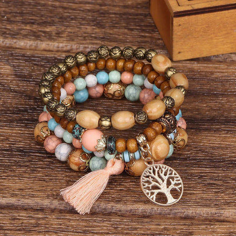 4Pcs Bohemia Tree Of Life Charm Beaded Bracelet Set For Women Handmade Wood Beads Chain Bangle Female Boho Jewelry - EveryWares