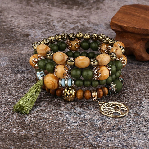 4Pcs Bohemia Tree Of Life Charm Beaded Bracelet Set For Women Handmade Wood Beads Chain Bangle Female Boho Jewelry - EveryWares