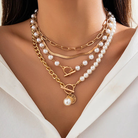 4Pcs Multilayer Imitation Pearl OT Buckle Pendant Necklace - EveryWares