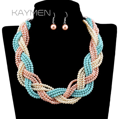 9 Strands of Interlaced Pearl Beads Necklace and Earrings Jewelry Sets - EveryWares