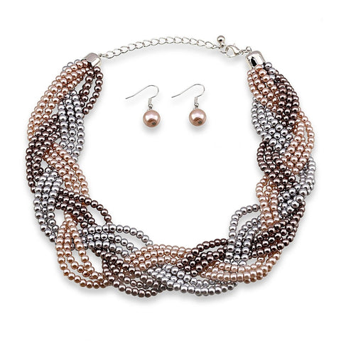 9 Strands of Interlaced Pearl Beads Necklace and Earrings Jewelry Sets - EveryWares