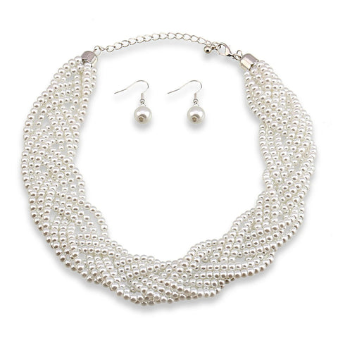 9 Strands of Interlaced Pearl Beads Necklace and Earrings Jewelry Sets - EveryWares