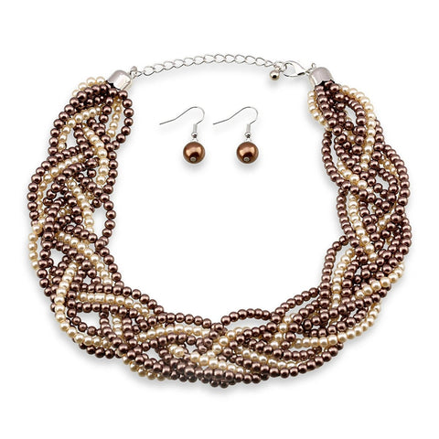 9 Strands of Interlaced Pearl Beads Necklace and Earrings Jewelry Sets - EveryWares