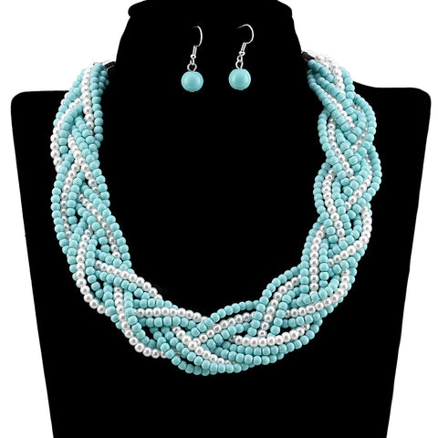 9 Strands of Interlaced Pearl Beads Necklace and Earrings Jewelry Sets - EveryWares