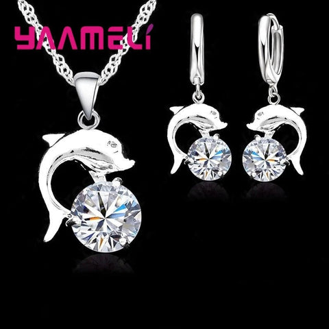 925 Sterling Silver CZ Diamond Earrings and Necklace Set - EveryWares